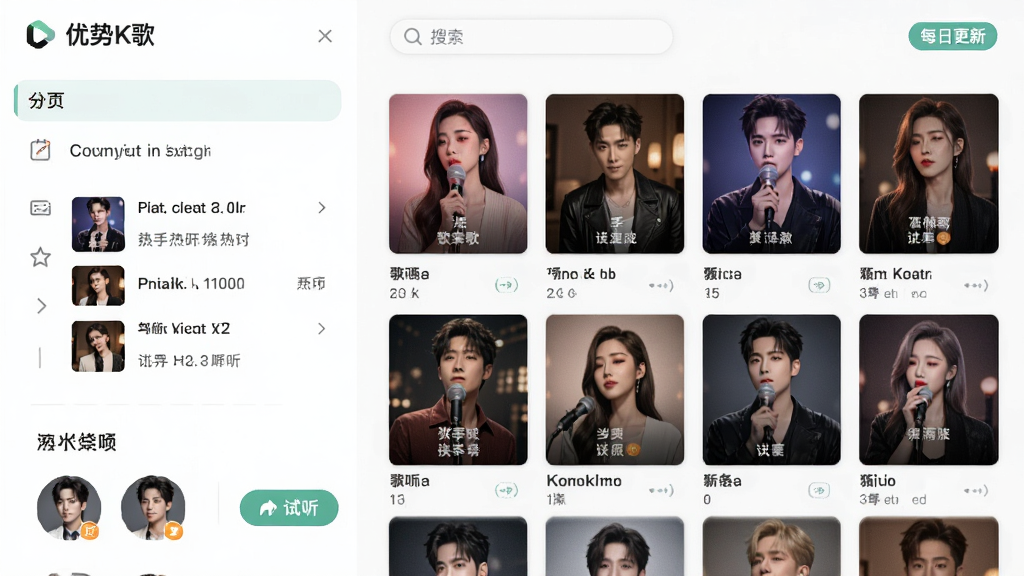 图片主体为“优势K歌”的歌曲库浏览页面,左侧为分类导航栏,右侧为歌曲封面缩略图网格,顶部有搜索框和“每日更新”标签,风格清新,排版有序,细节包含热门歌曲排行榜、歌手头像、试听按钮,画质清晰,干净无多余元素