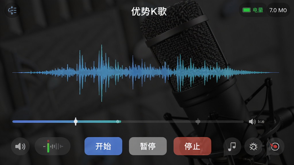 图片主体为“优势K歌”的录音界面,中央为动态波形图,下方有“开始”“暂停”“停止”按钮,右上角显示电量与时间,背景为麦克风特写,风格简约,布局集中,细节包括录音进度条、音量表、音效选择图标,画质干净,无多余元素