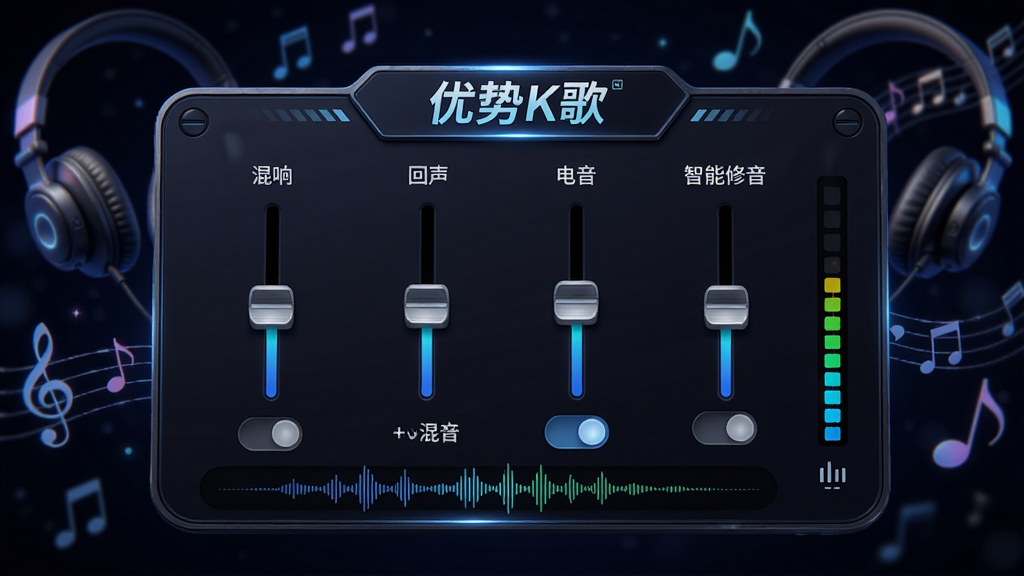 画面主体为“优势K歌”的音效调节面板,界面上有多个滑块和开关,标注“混响”“回声”“电音”“智能修音”字样,背景为耳机和音符图案,风格科技感,布局居中,细节包括波形曲线、音量指示条,画质细腻,干净无多余元素
