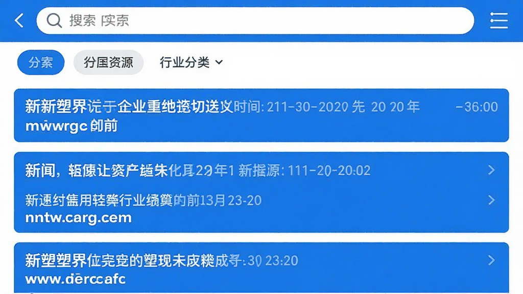 一张新塑界app的行业资讯页面截图,页面以列表形式展示多条新闻标题,每条标题下方有来源和时间,顶部有搜索栏和分类筛选标签,整体布局清晰,蓝色主色调,画质干净无多余元素