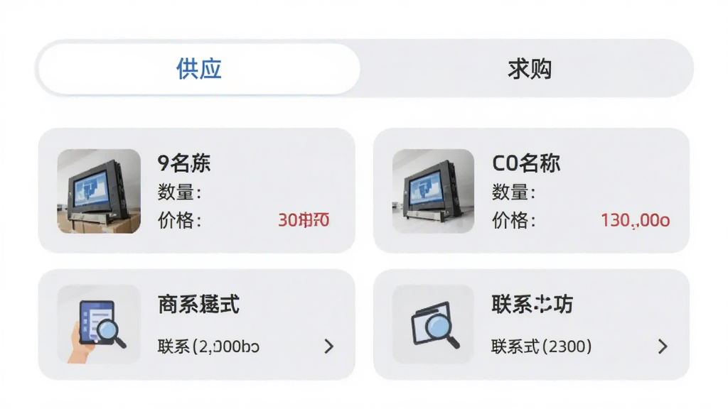 一张新塑界app的供需大厅页面设计图,页面分为“供应”和“求购”两个标签页,下方卡片展示商品名称、数量、价格和联系方式,卡片采用圆角设计,背景为浅灰色,整体风格商务简洁,画质干净无多余元素