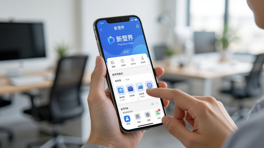 一张用户正在手机上操作新塑界app的场景图,手机屏幕显示应用主界面,用户手指点击屏幕,背景为模糊的办公环境,画面清晰,光线自然,画质干净无多余元素