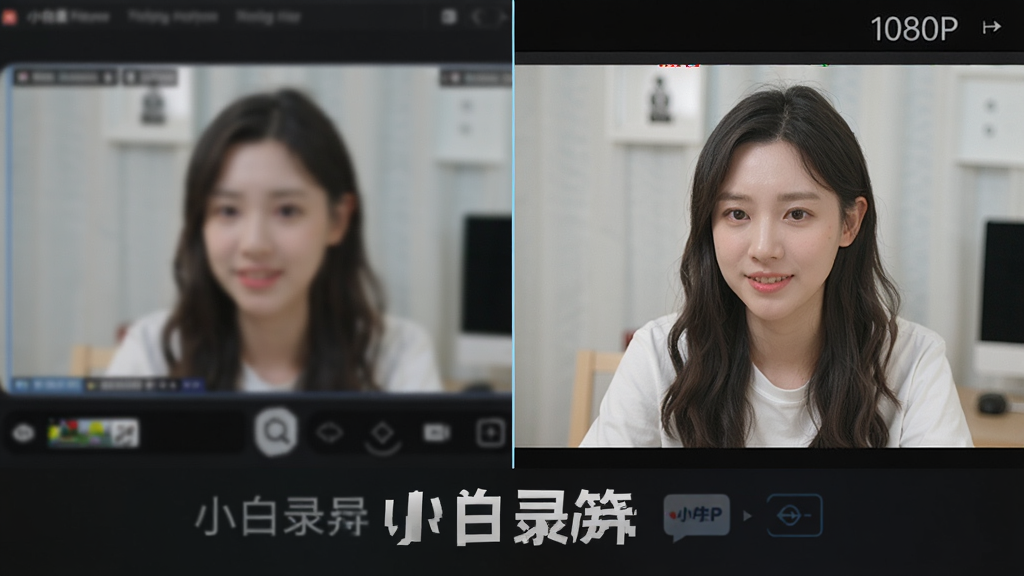 小白录屏高清画质对比预览图,左半部分为普通画质略显模糊的屏幕截图,右半部分为小白录屏录制的1080P高清画面,色彩鲜艳细节丰富,下方标注“小白录屏”字样,风格科技感,画质干净