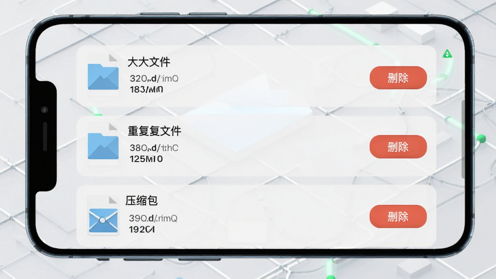 闪越文件深度清理界面,手机屏幕展示大文件、重复文件、压缩包分类列表,每个文件有文件大小和删除按钮,背景为浅灰色科技网格,风格简洁务实,画质干净利落,无多余元素