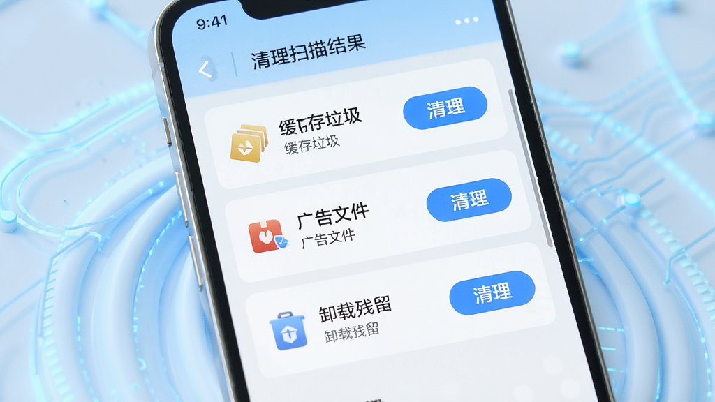 闪越智能垃圾清理功能预览,手机屏幕显示清理扫描结果列表,包含缓存垃圾、广告文件、卸载残留等分类,每个分类有清理按钮,背景为清爽的浅蓝色科技感波纹,风格简约直观,画质细腻干净,无多余元素