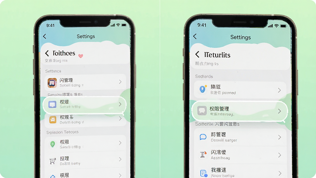 闪越使用指南场景图,手机屏幕显示设置菜单,突出权限管理选项,背景为干净的浅绿色渐变,风格简洁友好,画质清晰干净,无多余元素