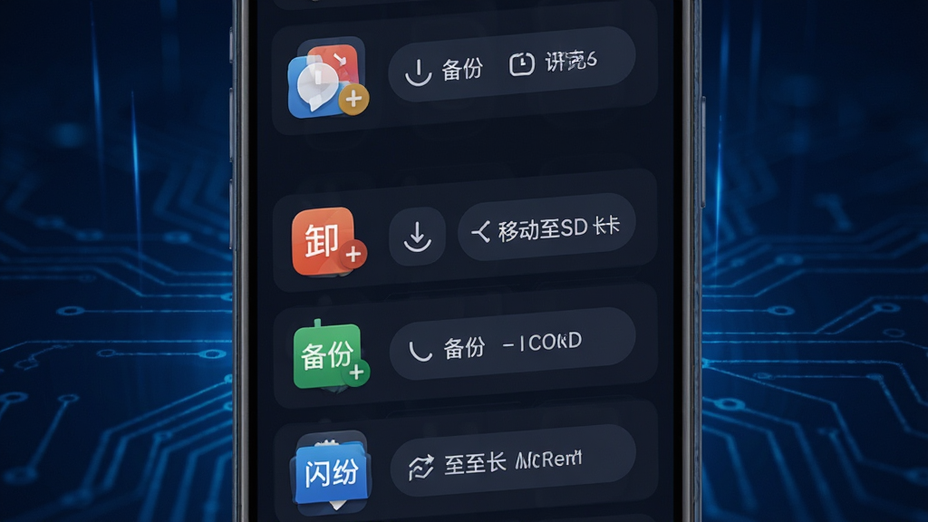 闪越应用管理功能展示,手机屏幕显示应用列表,每个应用图标旁有卸载、备份、移动至SD卡等操作按钮,背景为深蓝色科技光效,图标排列整齐,风格专业清晰,画质高清干净,无多余元素