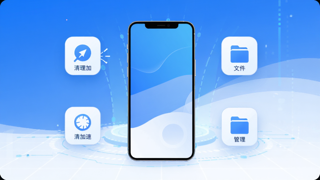 闪越软件主界面,展示手机清理加速与文件管理功能,整体布局简洁明快,采用蓝白渐变主色调,背景为干净的科技感网格,手机屏幕居中显示,周围有悬浮的清理加速图标和文件管理图标,风格现代扁平化,画质高清干净,无多余元素