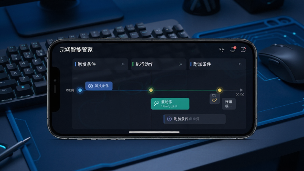 画面主体为“宗朔智能管家”App的场景编辑界面,屏幕上展示一条自动化规则的时间轴,包含“触发条件”、“执行动作”、“附加条件”等模块。手机横屏展示,背景为深蓝色科技感工作台,桌面有键盘和鼠标。界面采用暗色主题,高亮显示规则节点,整体风格专业,画质清晰,细节丰富。