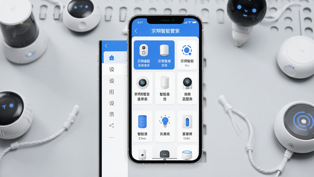 画面主体为“宗朔智能管家”App的设备列表页面,屏幕上整齐排列着各种智能设备图标,每个图标下方标注设备名称。手机竖屏展示,左侧为设备分类侧边栏,右侧为设备详情卡片。背景为简洁的浅灰色工作台,台面上散落着几个智能家居小设备样品。整体设计扁平化,图标简洁清晰,色调以蓝白为主,画质干净,无多余元素。