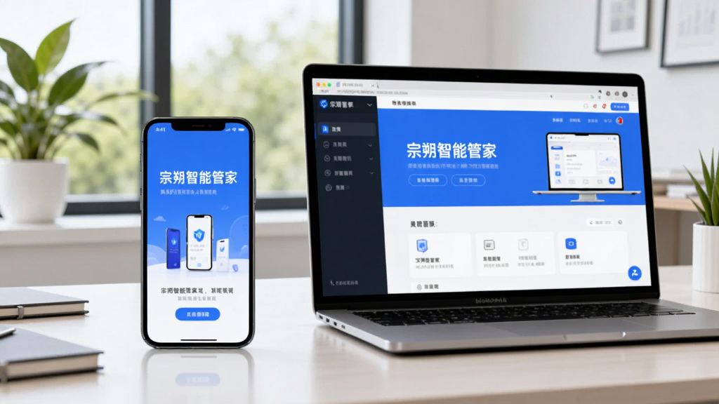画面主体为一部手机和一台笔记本电脑并排放在书桌上,手机屏幕显示“宗朔智能管家”App的引导页,电脑屏幕显示同一个App的网页管理后台。背景为简洁的现代办公室,窗外有绿植。整体风格明亮,突出多设备协同工作场景,画质干净,无多余元素。