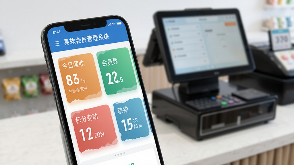 易软会员管理系统在手机上的使用场景,展示移动端主界面,包含今日营收、会员数、积分变动等卡片,手机屏幕清晰显示软件界面,背景为整洁的收银台,整体氛围专业,画质高清