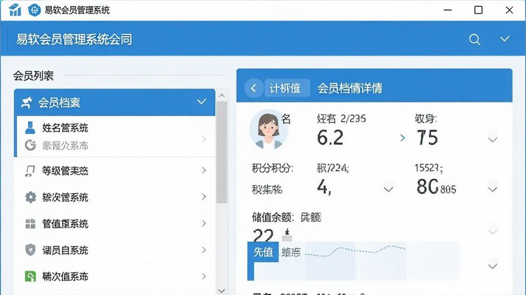 易软会员管理系统会员档案界面截图模拟,左侧为会员列表,右侧为会员详情卡片,包含姓名、等级、积分、储值余额等字段,界面以蓝白为主色调,排版清晰,画质干净