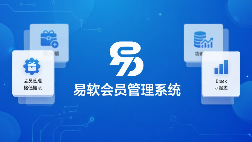 易软会员管理系统的主视觉图,画面中央为软件LOGO与名称“易软会员管理系统”,背景为现代简约的科技蓝渐变,搭配卡片式功能图标(会员管理、储值、积分、报表),整体布局规整,风格清新商务,画质清晰干净,无多余元素