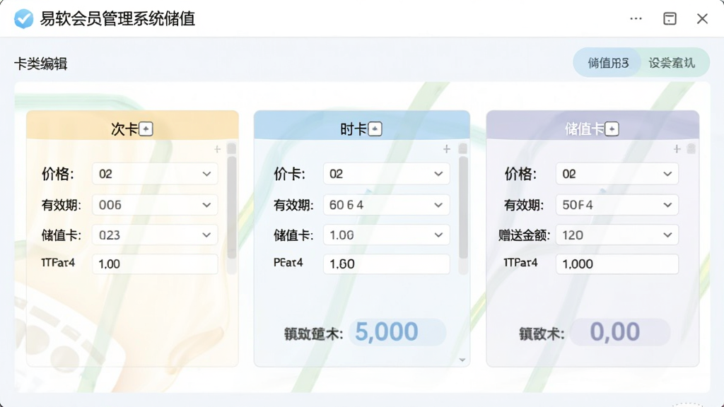 易软会员管理系统的储值方案设置界面,显示多种卡类型(次卡、时卡、储值卡)的编辑窗口,包含价格、有效期、赠送金额等选项,界面布局有序,色彩柔和,画质清晰