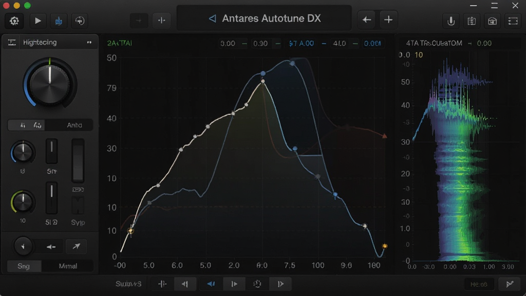 Antares Autotune DX 软件主界面,深色主题,中央显示音高修正曲线,左侧为控制面板,右侧为频谱显示,整体布局专业简洁,风格现代,细节清晰,画质干净,无多余元素