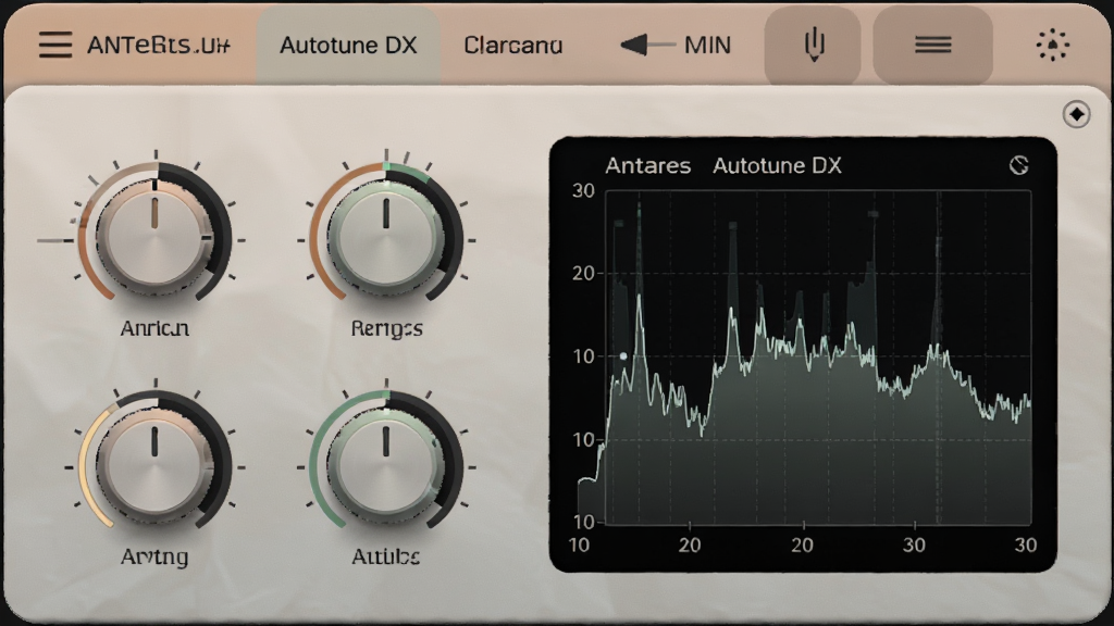 Antares Autotune DX 操作界面,左侧参数旋钮,右侧图形显示,顶部为菜单栏,整体设计简洁,色彩搭配柔和,画质高清,无多余元素