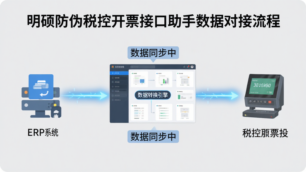一张展示明硕防伪税控开票接口助手数据对接流程的示意图,画面左侧是ERP系统图标,中间是软件的数据转换引擎界面,右侧是税控开票设备,三者通过发光的线条连接,象征数据流畅传输,背景为浅灰色,图标风格扁平化,文字标签注明“数据同步中”,整体干净整洁,画质清晰。