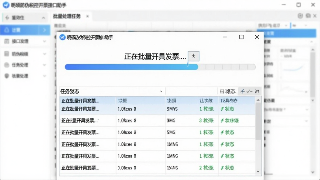 一张展示明硕防伪税控开票接口助手批量处理任务的界面截图,画面中是一个进度条窗口,显示“正在批量开具发票...”,下方有任务列表,包含多行发票数据状态,背景是模糊的软件主界面,整体风格明亮,突出高效、自动化的特点,细节清晰,画质干净。