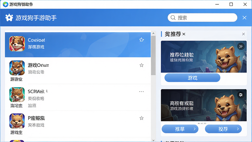 一张高清的软件主界面截图,主体为游戏狗手游助手的启动窗口,布局清晰展示左侧游戏列表、右侧推荐位和顶部搜索栏,风格现代简洁,色彩以蓝色和白色为主,细节包括各个功能按钮和游戏图标,画质清晰干净,无多余元素