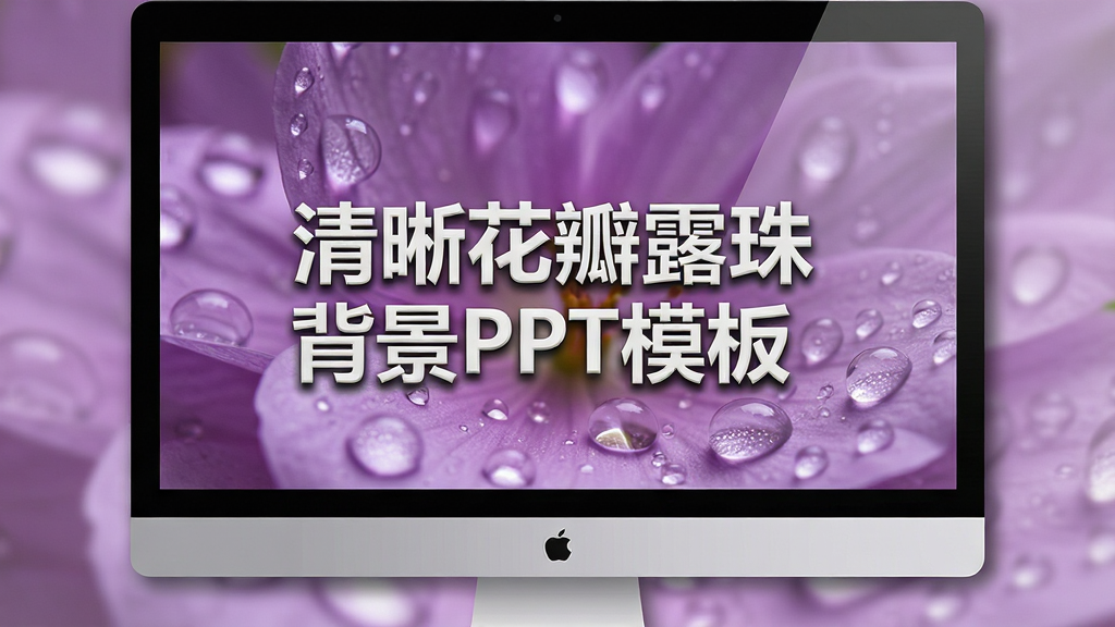 主体为一张高清的幻灯片预览图,页面背景是清晰的紫色花瓣与露珠特写,前景页面中带有醒目的标题文字“清晰花瓣露珠背景PPT模板”。布局是电脑屏幕居中展示,排版规整。风格为现代商务与自然清新结合,细节上体现画面光泽感和投影的柔和。画质清晰,干净整洁,无多余元素。