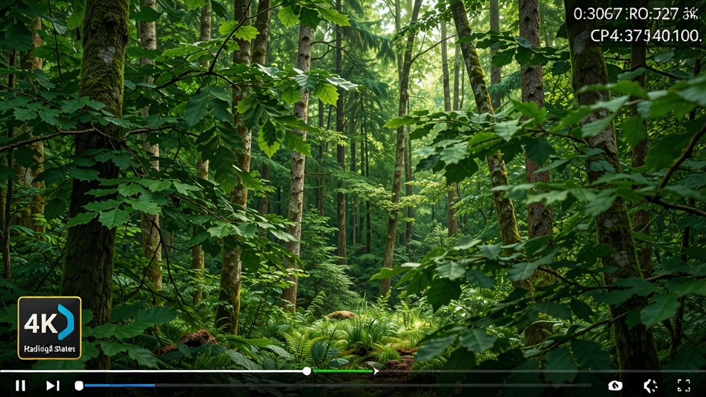 RadLight播放4K测试视频,画面显示细腻的森林场景,树叶纹理清晰可见,左下角显示硬件加速状态图标,右上角显示帧率与CPU占用率,整体画质通透,色彩鲜艳,风格写实,无多余元素