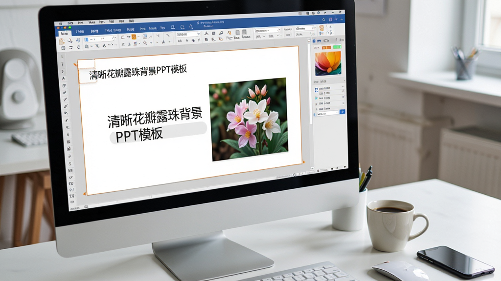 主体为一张电脑屏幕的实拍图,屏幕上正在编辑“清晰花瓣露珠背景PPT模板”,旁边放着一杯咖啡和手机。布局是工作台场景,电脑屏幕明亮清晰。排版自然,风格写实,细节上能看到屏幕中的花卉幻灯片和编辑工具栏。画质清晰,干净整洁。