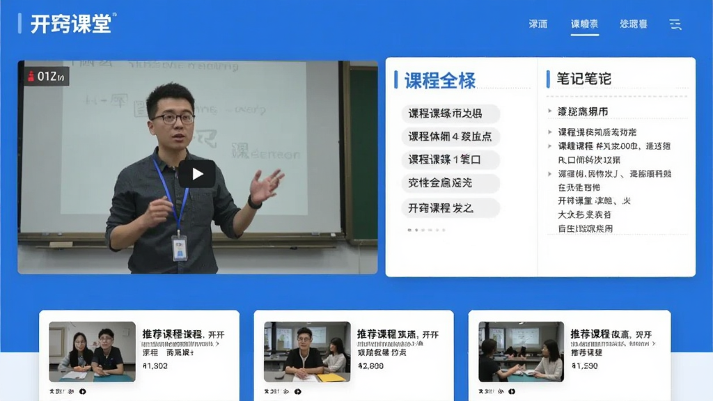 一张展示“开窍课堂”课程详情页的图片,左侧是讲师讲解视频画面,右侧是课程大纲和笔记区域,下方有推荐课程卡片,整体布局清晰,蓝白配色,风格简约现代,画质干净,无多余元素。