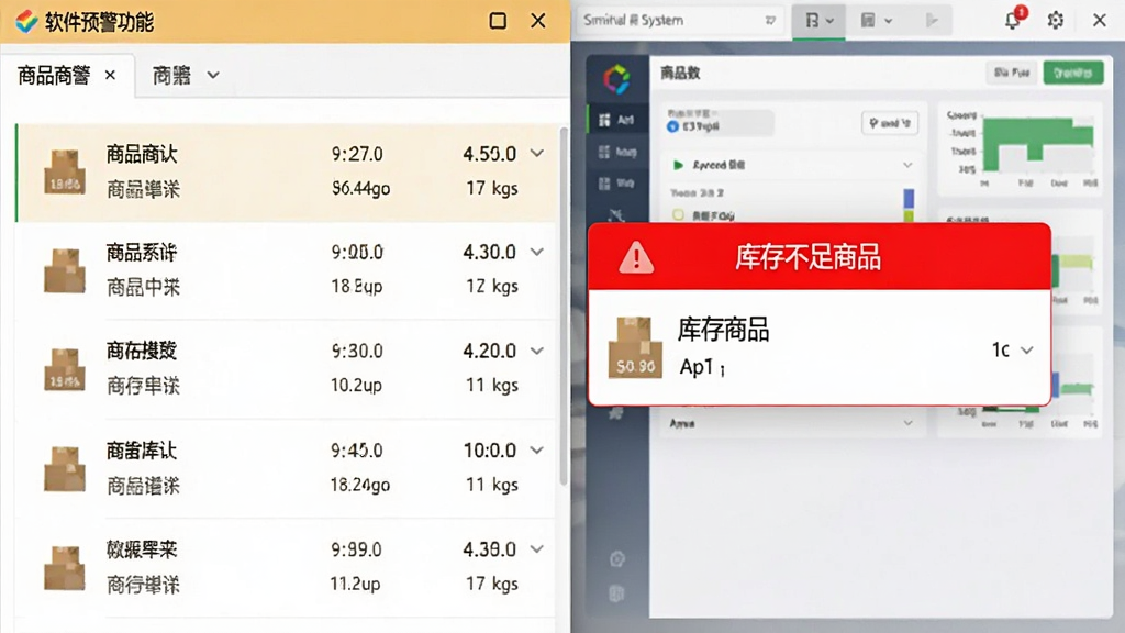 软件预警功能界面截图,左侧为商品列表,右侧弹出红色警示框显示库存不足商品,背景有小型库存管理系统的操作面板,布局为左右结构,色彩明亮,细节清晰,画质干净