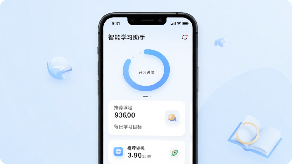 一张展示“开窍课堂”智能学习助手功能的界面,手机屏幕上显示学习进度环、推荐课程卡片和每日学习目标,背景为淡蓝色渐变,界面简洁,图标精致,画质清晰,无多余元素。