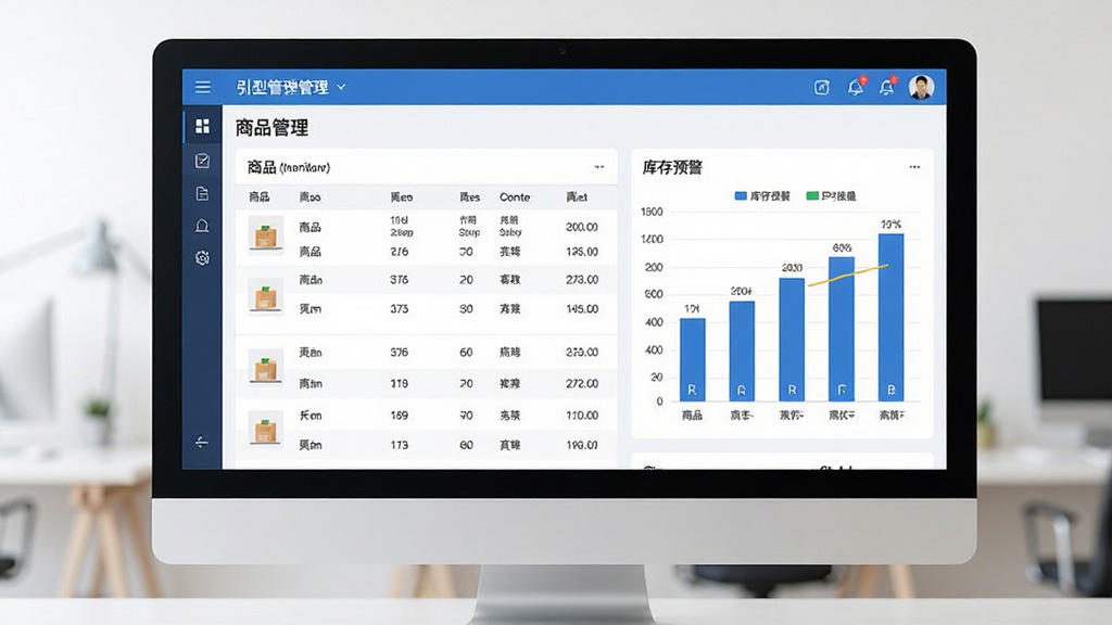 现代简约风格的软件主界面展示图,电脑屏幕上显示小型库存管理系统的商品列表与库存预警图表,布局清晰,数据表格与统计图表并排,整体色调以蓝白为主,界面干净整洁,画质清晰,无多余元素