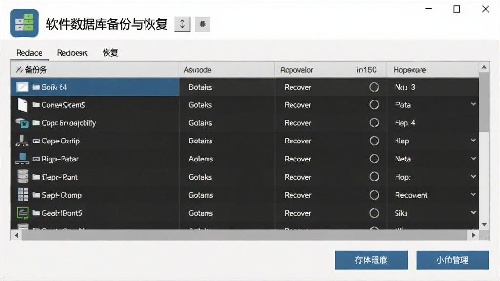 软件数据库备份与恢复界面截图,展示备份文件列表与恢复按钮,界面清晰,带有小型库存管理系统的标识,布局规整,画质干净