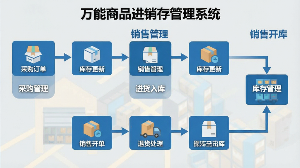一张功能流程图风格的图片,展示“万能商品进销存管理系统”从采购订单到销售出库的完整流程,包含进货入库、库存更新、销售开单、退货处理等环节,每个步骤用图标和箭头连接,背景为浅灰色,图形简洁,文字清晰,标注“采购管理”“销售管理”“库存管理”等模块,整体风格扁平化,画质清晰,无多余元素
