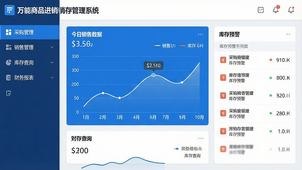 一张现代简约风格的软件界面预览图,主屏幕显示“万能商品进销存管理系统”的仪表盘,左侧菜单栏清晰列出采购管理、销售管理、库存查询、财务报表等模块,中央区域展示今日销售数据折线图与库存预警列表,整体采用蓝白配色,界面干净清爽,布局合理,字体清晰,无多余元素,专业感强,画质高清
