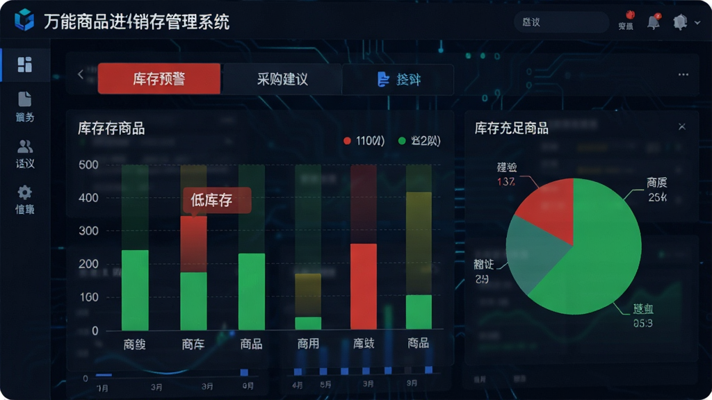 一张数据可视化看板图片,主题为“万能商品进销存管理系统”的库存预警界面,中央显示一组条形图与饼图,红色标出低库存商品,绿色标出库存充足商品,界面顶部有“库存预警”“采购建议”标签,背景为深色科技风格,数据图表清晰,文字可读,整体氛围专业,画质高清