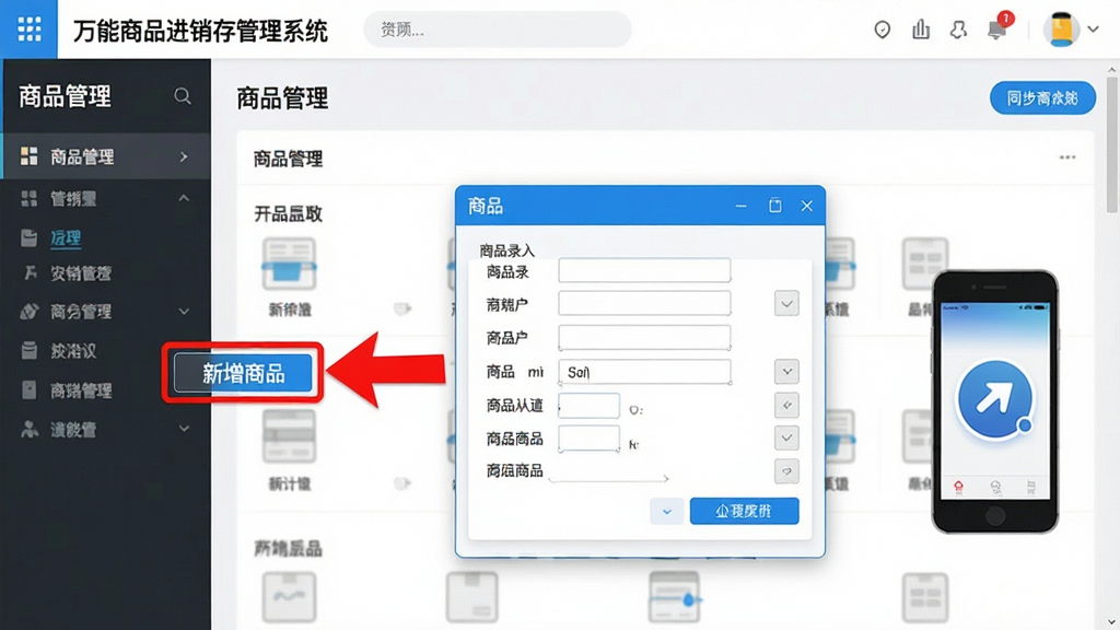 一张分步操作指引图,画面以“万能商品进销存管理系统”的“商品管理”界面为背景,用红色箭头标注“新增商品”按钮,旁边弹出小窗口显示商品录入表单,右侧有手机端同步图标,整体风格为教学示意图,界面明亮,标注清晰,画质高清,无多余元素