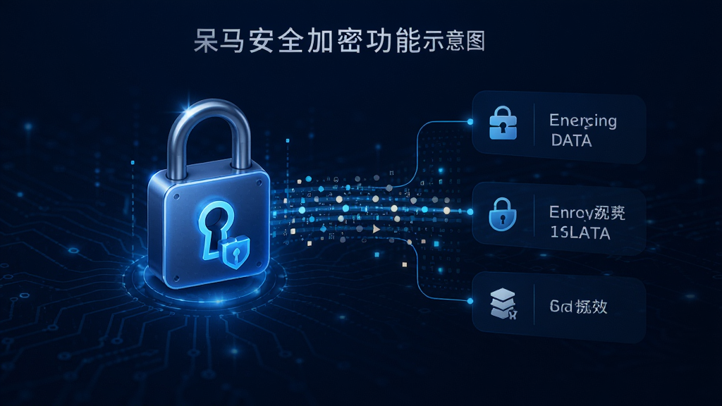 呆马安全加密功能示意图,展示锁形图标和加密数据流,背景为深蓝色科技感风格,界面简洁,强调安全特性,排版专业,风格现代,画质高清,干净无多余元素