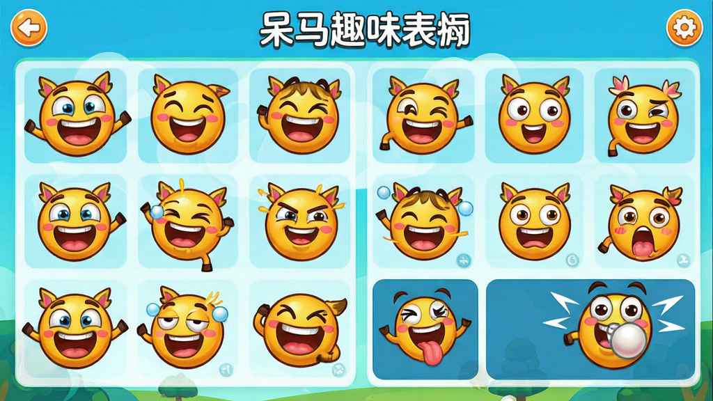 呆马趣味表情面板,展示多款动态表情和互动特效,界面色彩鲜艳,表情形象活泼,布局整齐,风格卡通,细节丰富,画质清晰,干净无多余元素