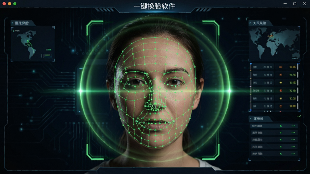 展示“一键换脸”软件面部识别过程的界面截图,画面中人物面部被绿色网格特征点覆盖,周围有扫描光圈效果,背景为深色科技感界面,布局居中,细节丰富,画质清晰,无多余元素