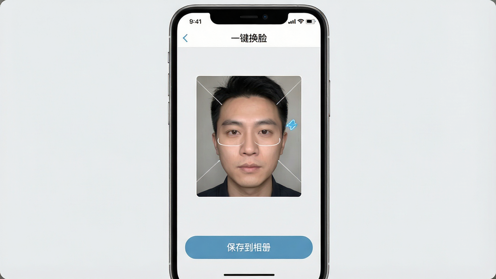 一张手机截图,显示“一键换脸”软件的处理完成界面,并配有一个“保存到相册”的按钮,背景为简洁的浅灰色界面,布局清晰,画质高清,无多余元素