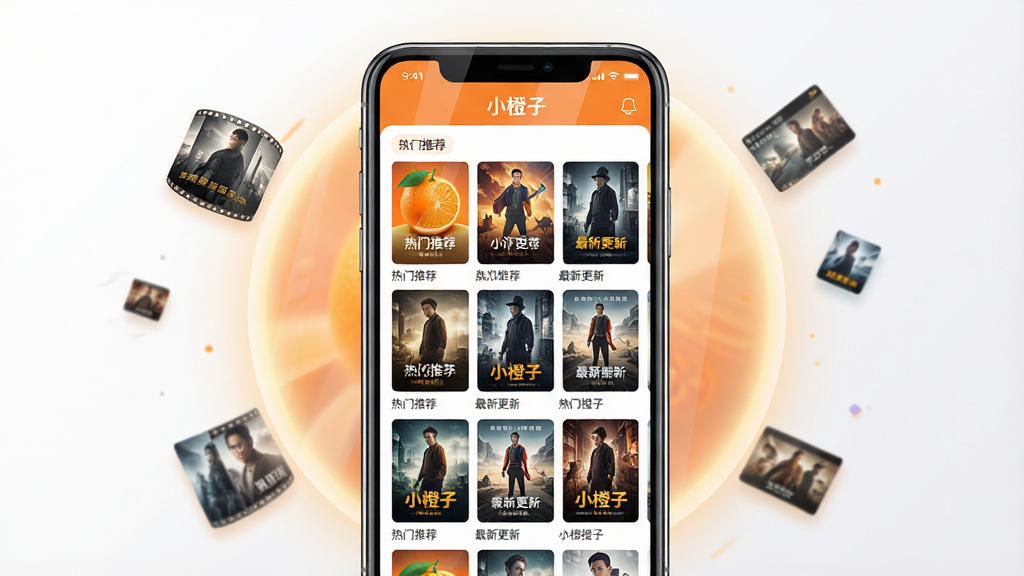主体:小橙子App的界面展示,手机屏幕中显示主界面,顶部有“小橙子”字样,下方排列着各类影视海报缩略图,整体布局清晰;布局:手机居中,屏幕内容为主要视觉焦点,周围有柔和的光晕和少量影视元素漂浮;排版:界面采用网格状排列,海报大小统一,色彩鲜艳,文字标签“热门推荐”“最新更新”清晰可见;风格:现代扁平化设计,色彩明亮,以橙色和深灰色为主色调;细节:屏幕反光自然,界面图标精致,海报图案丰富多样;画质:高清渲染,细节丰富,画面干净无多余元素。