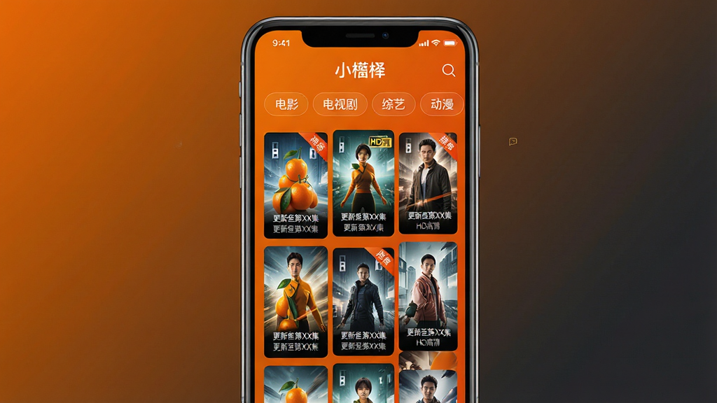 主体:小橙子App的资源库界面,手机屏幕中显示分类列表,包括“电影”“电视剧”“综艺”“动漫”等标签,下方是不断滚动的影视海报墙;布局:手机居中,屏幕内容为视觉中心,背景为渐变色,从深橙到深灰;排版:分类标签横向排列,海报墙采用瀑布流布局,每张海报大小不一,错落有致;风格:科技感与时尚感结合,色彩鲜艳,动态感强;细节:海报上标注有“更新至第XX集”“HD高清”等字样,部分海报有热度排行角标;画质:高清渲染,海报文字清晰可辨,画面干净无多余元素。