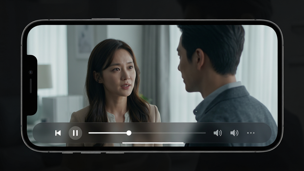 主体:小橙子App播放界面,手机横屏显示正在播放的影视内容,画面清晰,底部有简洁的控制栏,无任何广告横幅;布局:手机居中,屏幕画面占据主体,周围有暗色背景衬托,突出屏幕内容;排版:播放画面比例16:9,控制栏半透明,包含播放/暂停按钮、进度条、音量调节等图标;风格:深色模式界面,简约现代,强调“无广告”的纯净感;细节:屏幕中播放的是一部现代都市剧,人物表情自然,场景光线柔和;画质:超高清画质,细节锐利,画面干净无多余元素。