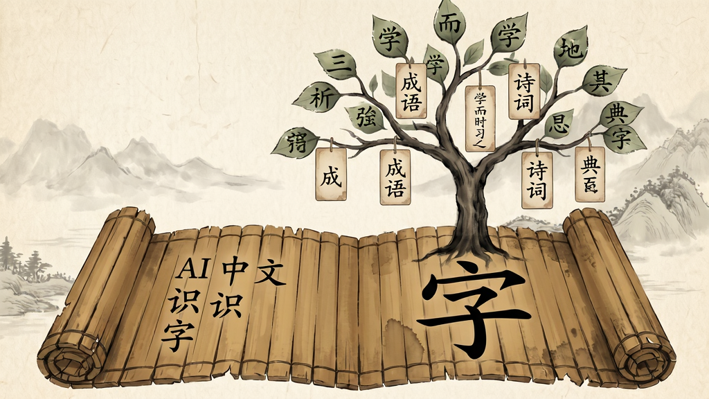 画面主体为一个打开的古代竹简卷轴,卷轴左侧竖排写着