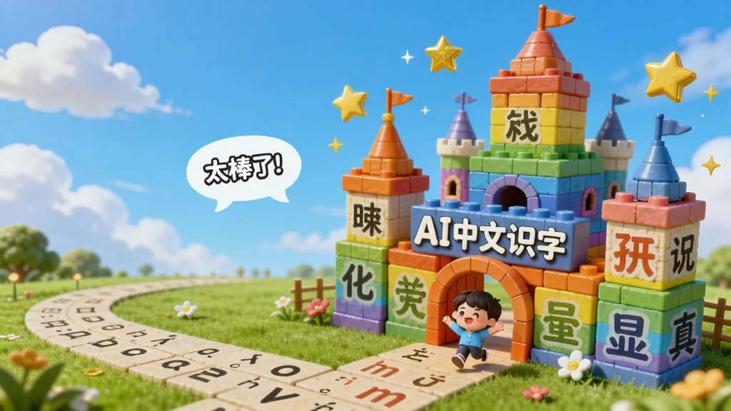 画面主体为一座由汉字积木搭建的彩虹城堡,城堡大门上写着