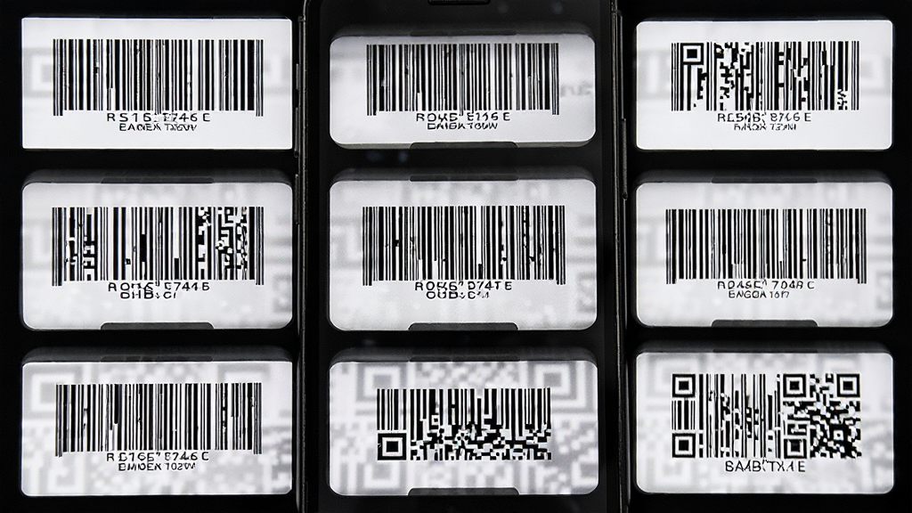 主体是各种类型的条码和二维码排列在手机屏幕前,布局网格状,排版整齐,风格简洁商务,细节包括不同码制的条码样式各异,画质清晰,干净无多余元素