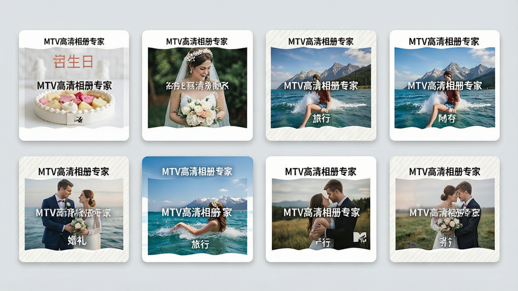 一张展示MTV高清相册专家智能模板功能的图片,画面中展示多套精美模板缩略图,包括生日、婚礼、旅行等主题,每套模板上标有“MTV高清相册专家”字样,背景为浅灰色,模板卡片排列整齐,风格清新,细节丰富,画质干净,无多余元素。