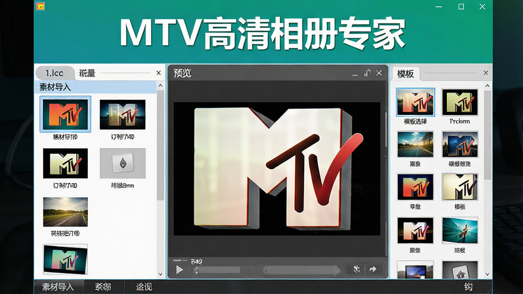 一张展示MTV高清相册专家主界面的高清图片,画面中央为软件操作界面,左侧是素材导入区,中间是预览窗口,右侧是模板选择面板,整体风格简洁明亮,色彩鲜艳,突出“MTV高清相册专家”软件名称,布局规整,扁平化设计,细节清晰,画质干净,无多余元素。