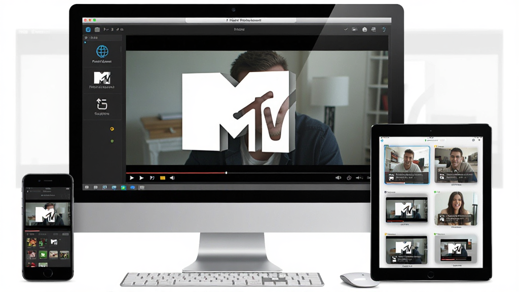 一张展示MTV高清相册专家导出视频后的效果图,画面中视频在电脑屏幕上播放,屏幕外有手机和平板设备,体现多端分享,整体布局协调,风格写实,细节丰富,画质干净。
