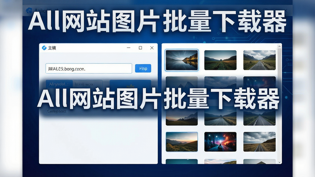 主视觉展示图:画面中央为软件主界面,左侧为网址输入框,右侧为图片列表缩略图墙,背景为深蓝色科技渐变,整体风格简洁现代,界面中显示“All网站图片批量下载器”字样,画质清晰,干净无多余元素